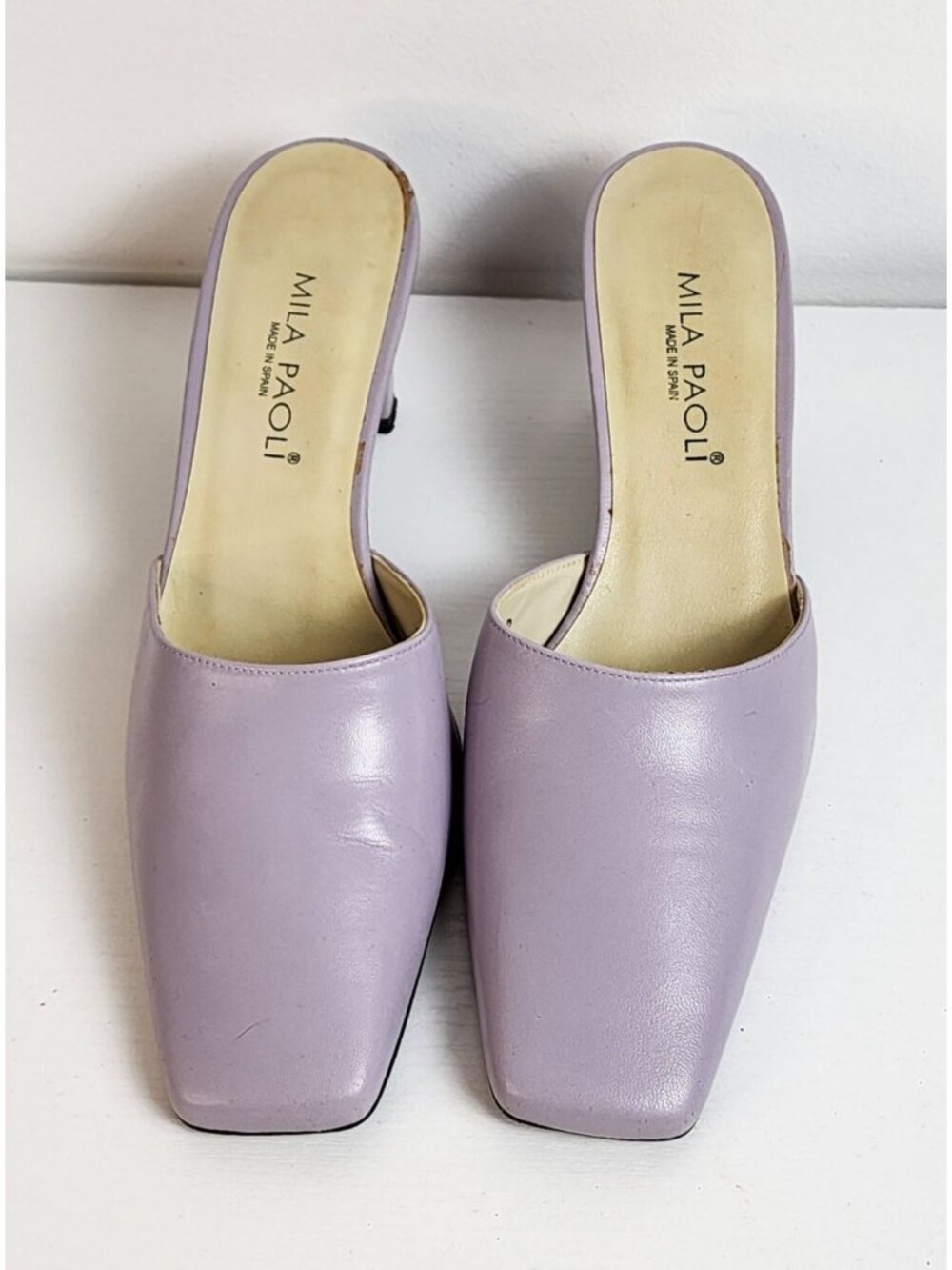 Vintage. Mila Paoli. Women's Lilac Leather Square-Toe Kitten Heel Mule Sandal si